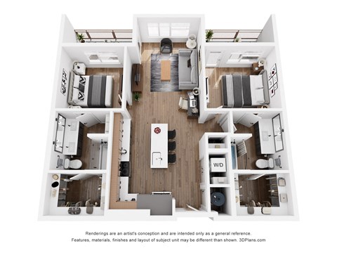 Floor plan for 2 beds, 2 baths, 1053 sqft